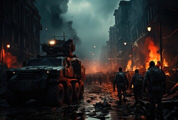 Soldiers and military vehicles in a city scene - obrazy, fototapety, plakaty