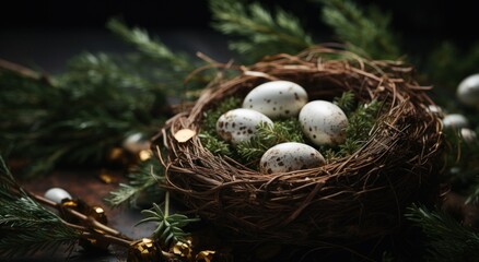 Fototapeta premium easter eggs in a nest on dark background