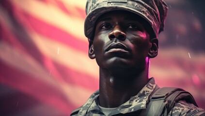 Black soldier with an American flag in the background