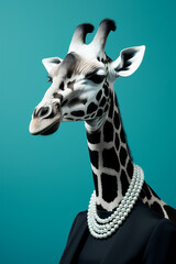 Obraz premium A giraffe, wearing pearl earrings and a black dress, in the style of graphic design poster art created with Generative Ai