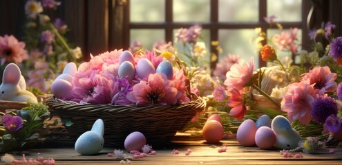 easter eggs on top of a wooden board with flowers in the background - obrazy, fototapety, plakaty