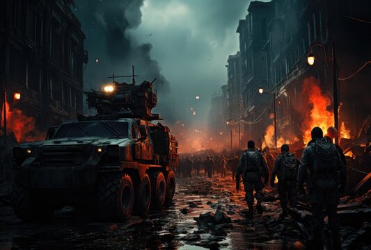Soldiers and military vehicles in a city scene