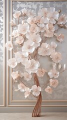 Immerse in serenity with a 3D wallpaper showcasing a picturesque floral tree. Pearl-white flower leaves harmonize with a gleaming rose gold stem.