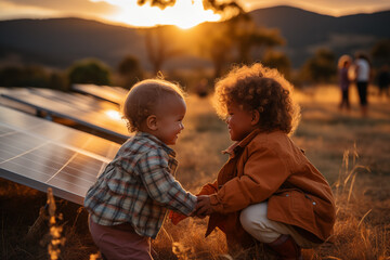 multi-ethnic toddlers playing with solar panels in the background