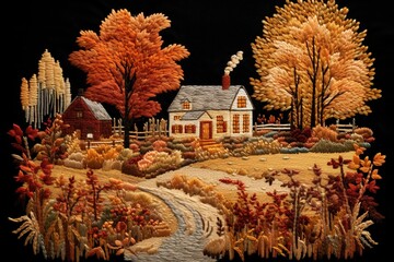 Embroidered autumn farmhouse in warm autumn colors.