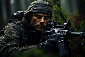 Fototapeta premium Soldier raised his rifle