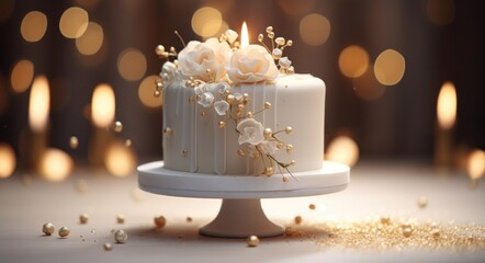 goldshaded white cake sitting on a pedestal with golden confetti