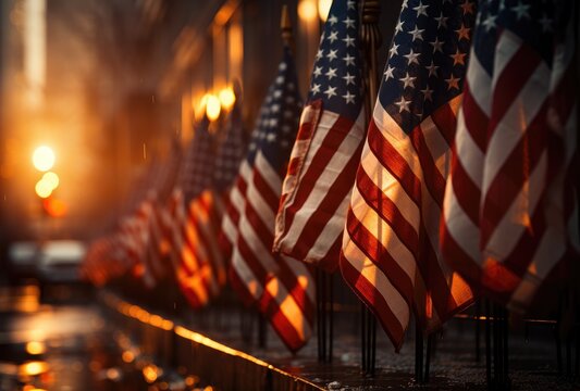 American flags in a cemetery at sunset