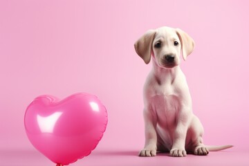 heartshaped pink balloon puppy dog standing on pink background