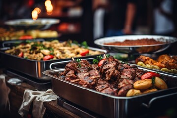 Buffet food indoor in restaurant with grilled meat. - obrazy, fototapety, plakaty