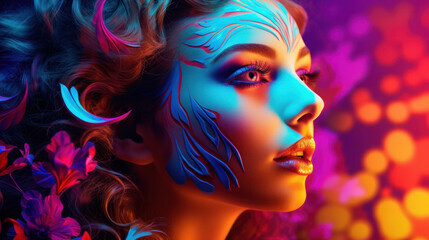 Fashion model woman in neon light, portrait of beautiful model with fluorescent make-up, Art design of female disco dancers posing in UV, colorful make up. Isolated on black background - obrazy, fototapety, plakaty