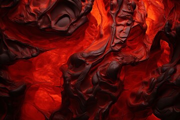 Immerse yourself in molten lava hues converging in a dynamic 3D composition, blending fiery orange and deep crimson for an intense, abstract visual experience.