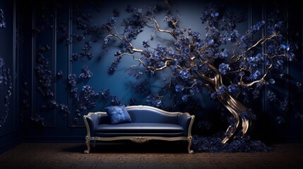Immerse yourself in opulence with a lifelike 3D wallpaper presenting a tree adorned in royal blue flower leaves and an opulent platinum stem. - obrazy, fototapety, plakaty