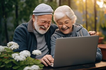 Happy elderly couple using laptop.
