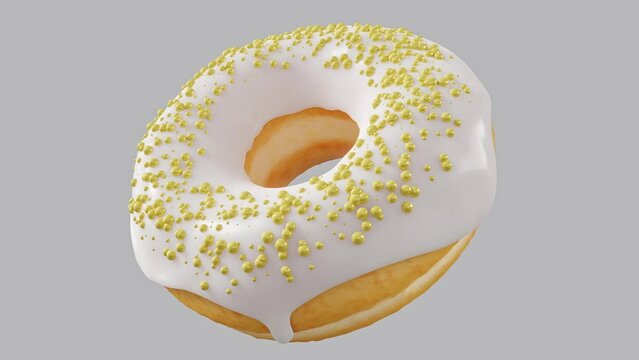 Chocolate glazed donut with sprinkles rotating on a grey background. 3d render and illustration of pastry and confectionery