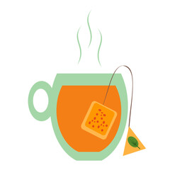 Glass mug with tea. Bagged tea. Hot mug with herbal tea.