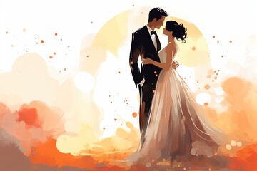 Happy wedding couple, bride and groom illustration.