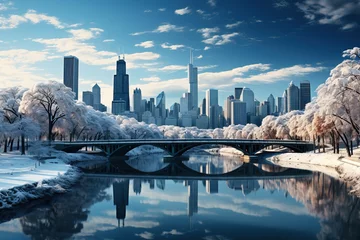 Foto auf Acrylglas Vereinigte Staaten Winter Chicago city skyline, urban winter wonderland, Snow-covered trees in city parks