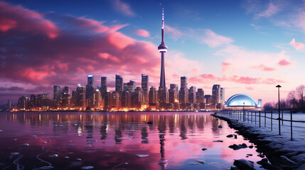 Panoramic view of a winter Toronto city skyline, city lights reflecting off the icy surfaces and creating a magical, urban winter wonderland - obrazy, fototapety, plakaty
