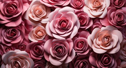 numerous pink roses made of paper