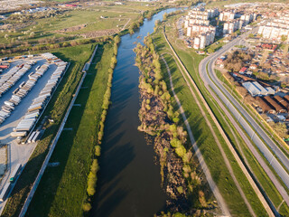 Aerial view of Maritsa river and panorama to City of Plovdiv, Bulgaria
