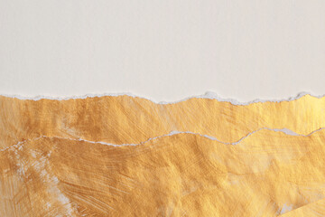 Gold, bronze and beige white paper torn frame painting wall. Abstract texture copy space background.
