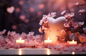 pink heart shaped candle in front of pink flowers,