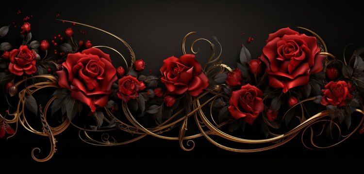 Intense Ruby Red Roses on a Sleek Ebony Canvas adorned with Ornate Gold Elements, creating a chic platform for your text, captured with striking realism.