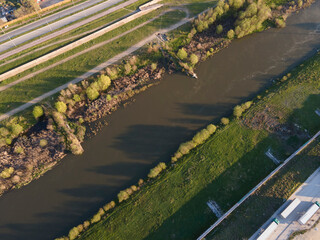 Aerial view of Maritsa river and panorama to City of Plovdiv, Bulgaria
