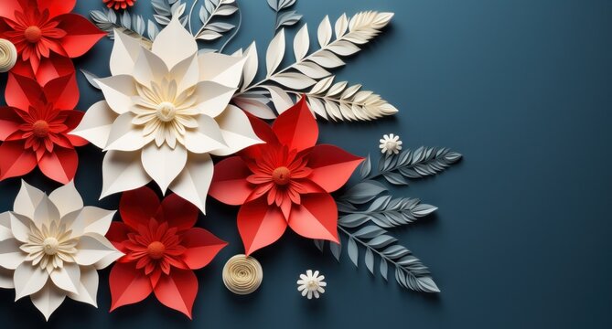red and white poinsettia with paper flowers and pines on a blue background