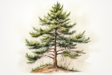 Watercolor and pencil drawing of pine tree.