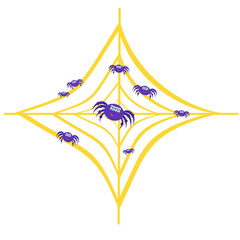 Yellow web with blue spiders. Spider family. Many blue spiders on the web.