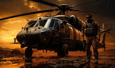 Soldier with a helicopter in the desert