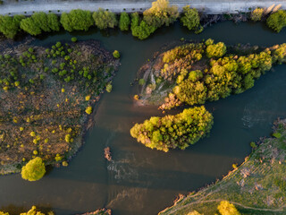 Aerial view of Maritsa river and panorama to City of Plovdiv, Bulgaria