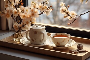 the tray is in front of the window with coffee cup, flowers and tulips