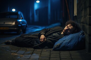 Man sleeping on the street at night.