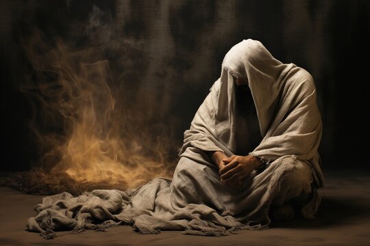 Man sitting in sackcloth and ashes, Bible story.