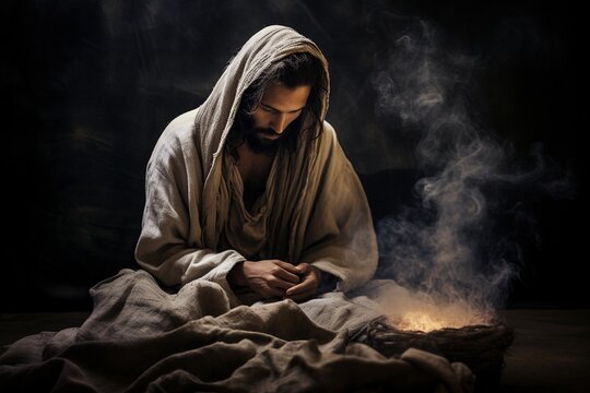 Man sitting in sackcloth and ashes, Bible story.