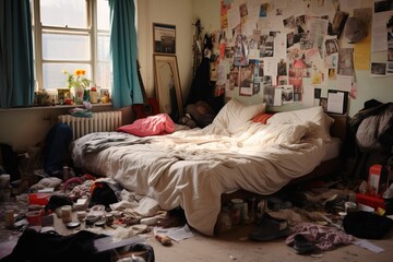 Messy teenager bedroom at day.