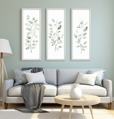 three watercolors are on the wall in the form of white leafs,