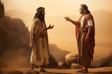 Moses speaking with Pharaoh of Egypt, Bible story. - obrazy, fototapety, plakaty