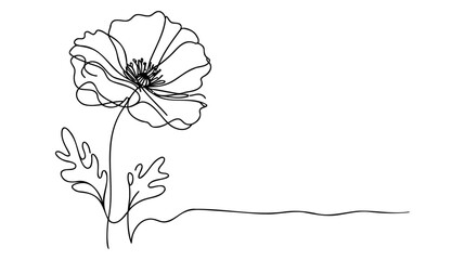 Poppy flowers in continuous line art drawing style. Doodle floral border with two flowers blooming among grass. - obrazy, fototapety, plakaty