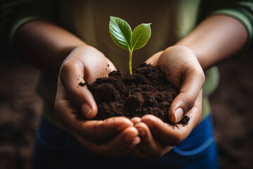 Hands holding and caring a green young plant