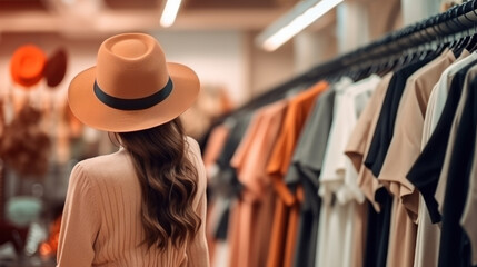 Cheerful pretty young woman buyer choosing clothes from rack in clothing store, blurred background. Cute female shopaholic select and buying clothes in fashion boutique during sale.