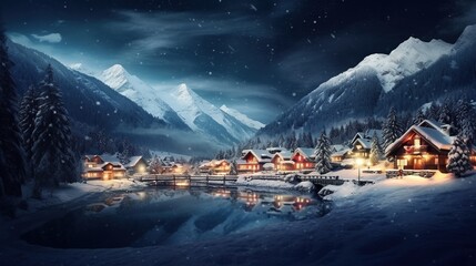 Mountain village at Christmas night.