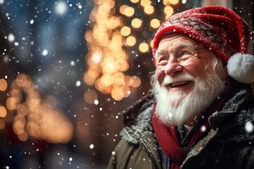 Old man enjoying the Christmas holidays outdoors in snowfall.