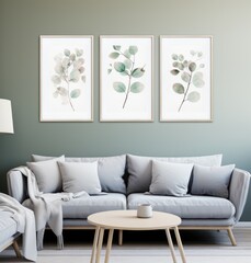 three watercolors are on the wall in the form of white leafs,