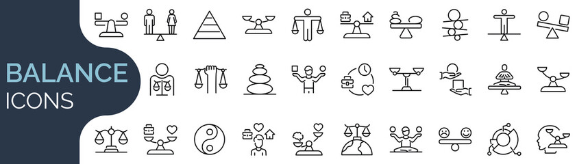 Set of outline icons related to balance. Linear icon collection. Editable stroke. Vector illustration - obrazy, fototapety, plakaty