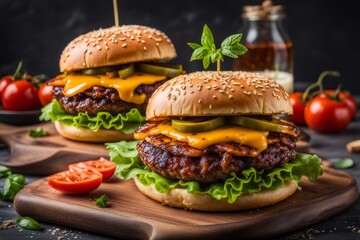  tasty burgers with layers of grilled meat,cheese, Appetising food
