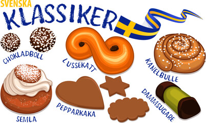 A collection of Swedish pastry Lussekatt chokladboll pepparkaka dammsugare kanelbulle och semla - obrazy, fototapety, plakaty